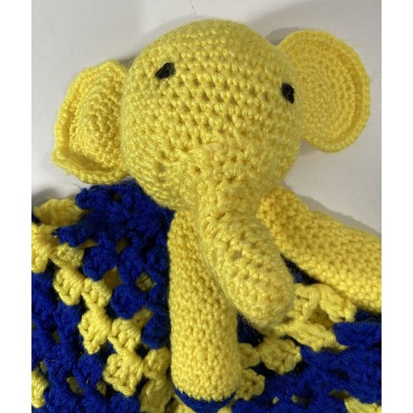 Vtg Handmade Crochet Elephant Lovey Security Blanket Baby Child Toy Blue Yellow - Picture 4 of 9